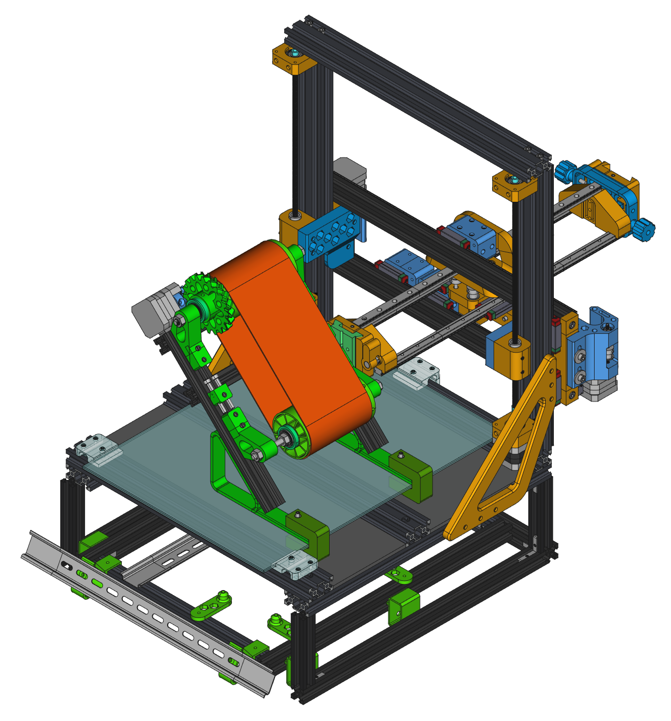 Abbildung 2: Digitaler Entwurf des GA3DTechProjekt Fließband 3D-Druckers in FreeCAD.