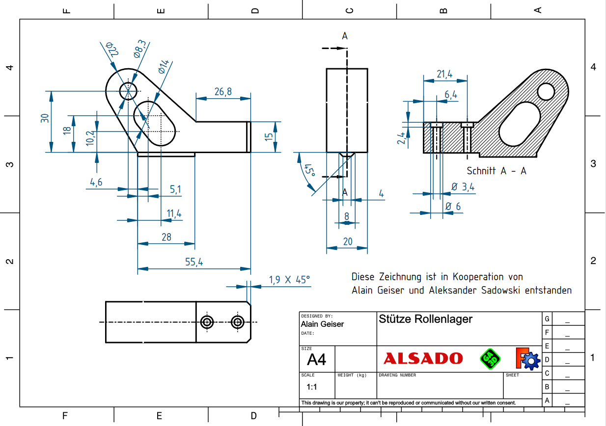 Abbildung 3: Technische Zeichnung der Rollenlager-Stütze.