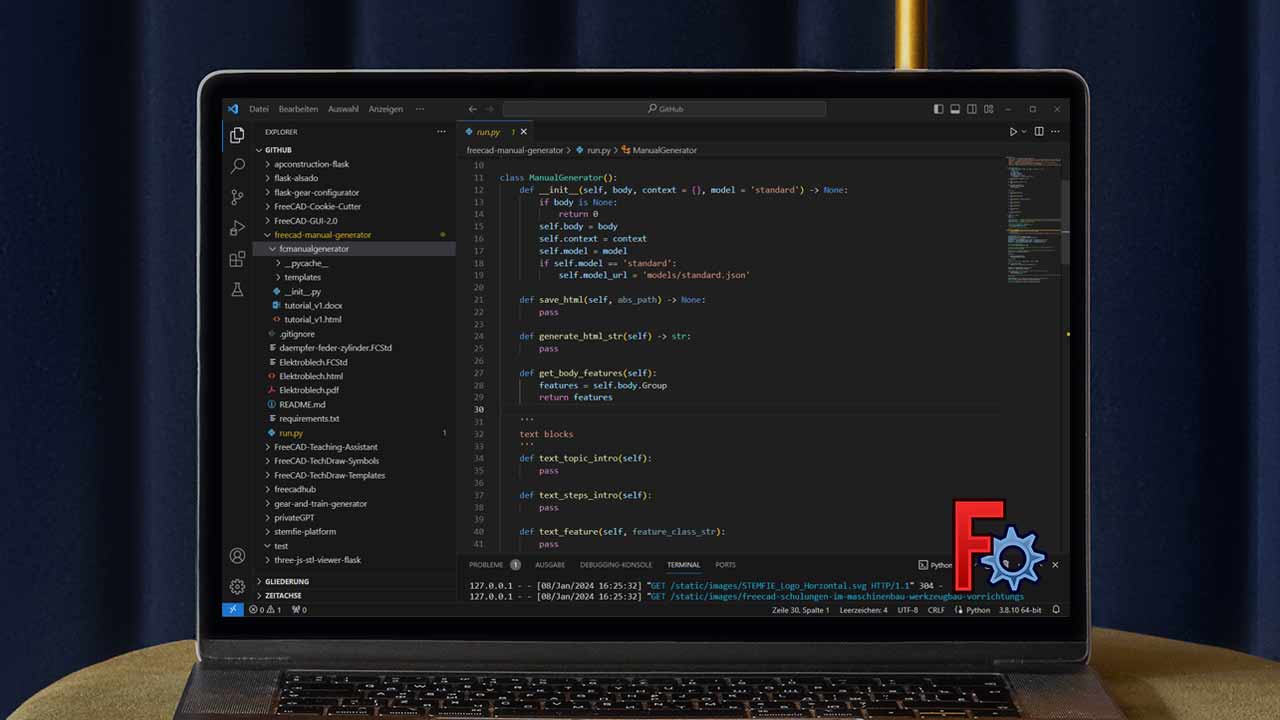 FreeCAD Open Source Code in Visual Studio Code IDE auf einem Laptop-Monitor.