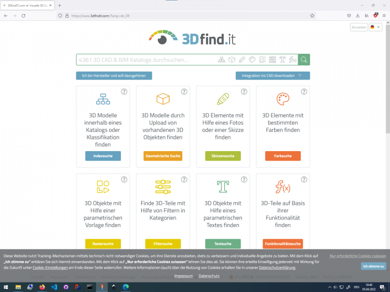 Digitaler Katalog mit Normteilen und häufig verwendeten Bauteilen des Drittanbieters 3D Findit