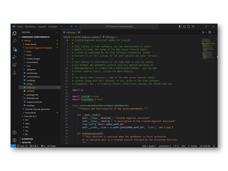 freecad addon entwicklung vscode benutzeroberfläche mit quellcode