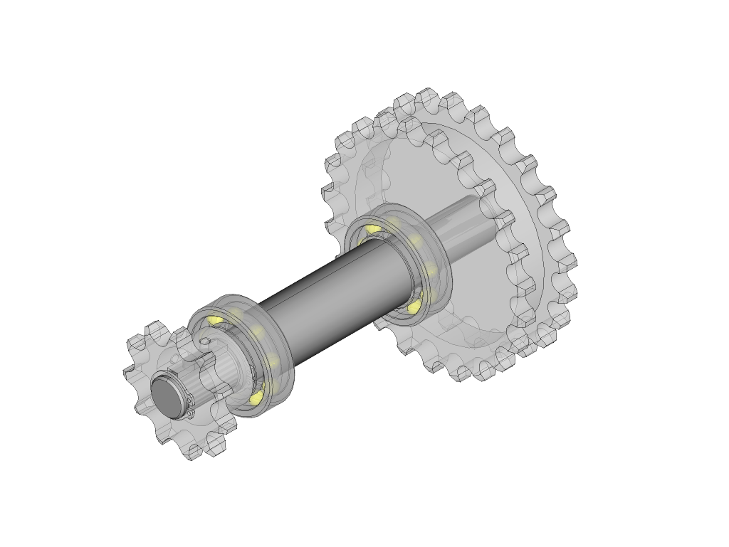 FreeCAD A2Plus Baugruppe einer Welle mit Kugellagern und Ritzeln aus Normteilen
