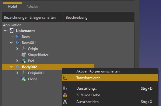 Abbildung 23: Body002 auswählen, rechte Maustaste und Transformieren auswählen