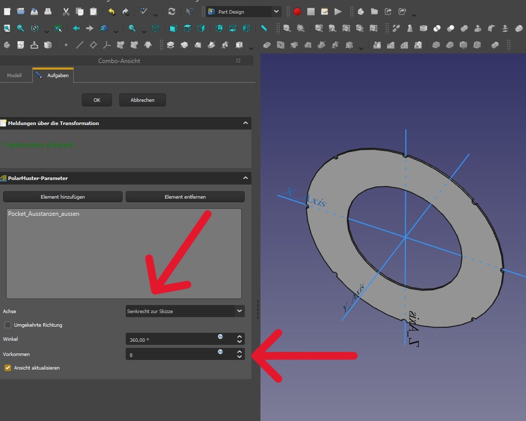 Abbildung 17: Unter Achse Senkrecht zur Skizze einstellen und unter Vorkommen stellen wir 8 ein für acht Ausstanzungen.