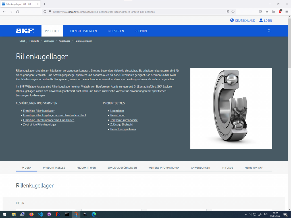Webseite des Lager-Herstellers SKF, auf welcher CAD Modelle im STEP Format heruntergeladen werden können