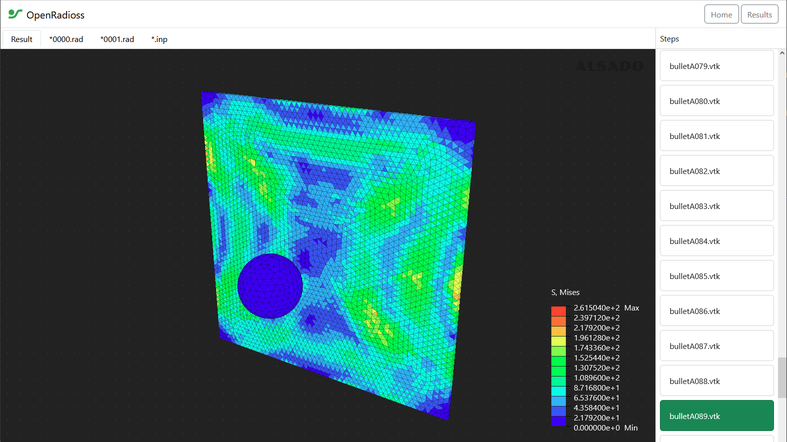 OpenRadioss Post-Processing: FEM-Plot mit Mises Spannungen in der OpenRadioss Web-Oberfläche